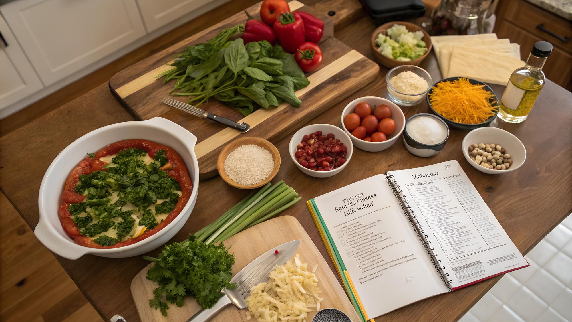 Banco da cucina con ingredienti freschi e appunti